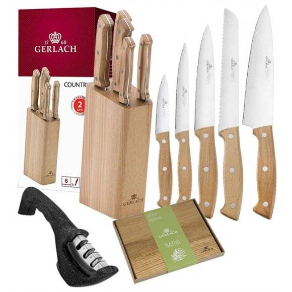 GERLACH COUNTRY Komplet 5 noży w bloku+ ostrzałka 3w1 + deska Natur 30 x 24 cm 