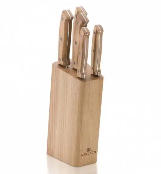 GERLACH COUNTRY Komplet 5 noży w bloku+ ostrzałka 3w1 + deska Natur 30 x 24 cm + nożyce drewniane