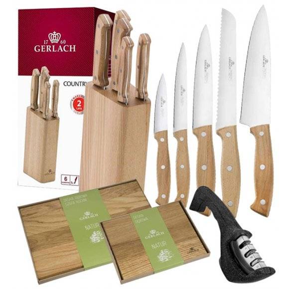 GERLACH COUNTRY Komplet 5 noży w bloku+ ostrzałka 3w1 + deski dębowe Natur 