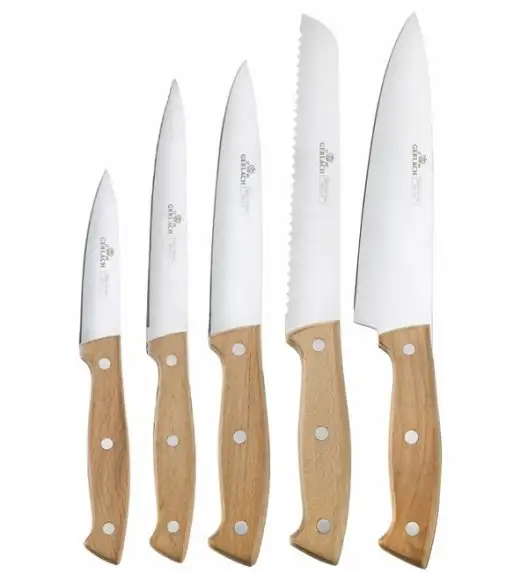 GERLACH COUNTRY Komplet 5 noży w bloku+ ostrzałka 3w1 + deski dębowe Natur 