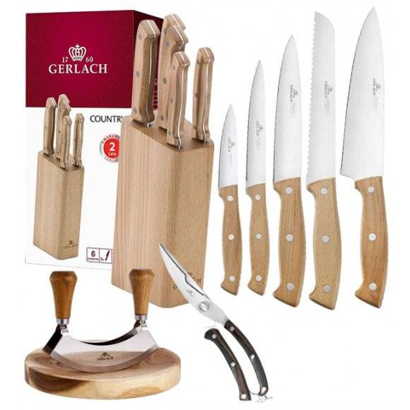 GERLACH COUNTRY Komplet 5 noży w bloku+ Tasak do ziół 2w1 Natur + nożyce drewniane