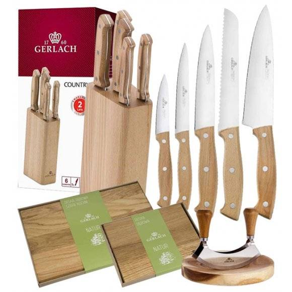 GERLACH COUNTRY Komplet 5 noży w bloku+ Tasak do ziół 2w1 Natur + komplet dwóch desek dębowych