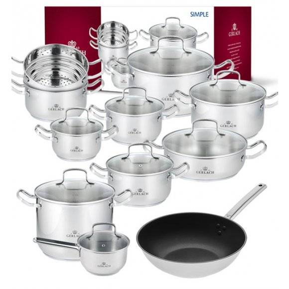 GERLACH SIMPLE Komplet Garnki 9 el z pokrywkami + 5 garnków luzem 1,5 l/ 2l /2,5 l/ 4,5l/ 7 l / + Gerlach Solid Wok 28 cm