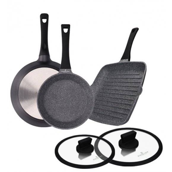 ZWIEGER WHITE STONE Komplet patelni 24, 28cm +pokrywki+ 28 cm grillowa/ GREBLON C3 GRANITE non-stick