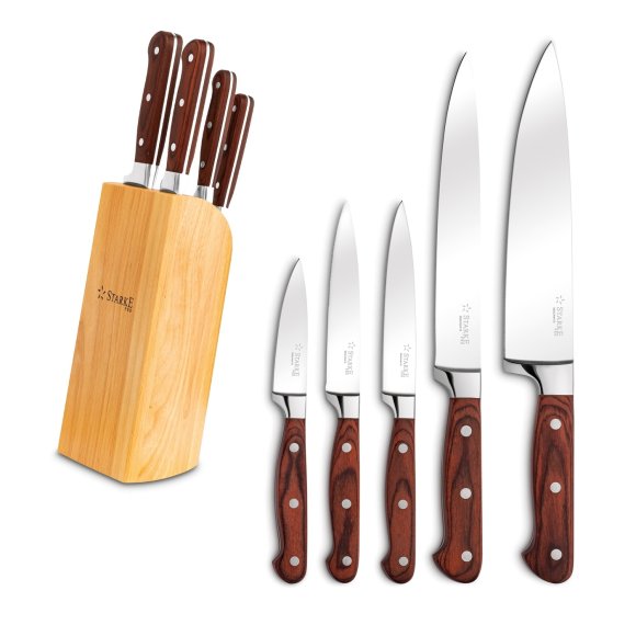 STARKE ATAGO Komplet noży kuchennych w bloku 6 el. / drewno kauczukowe / niemiecka jakość 