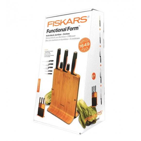 FISKARS FUNCTIONAL FORM 1057552 Komplet 5 noży w bloku bambusowym + NN ostrzałka uniwersalna