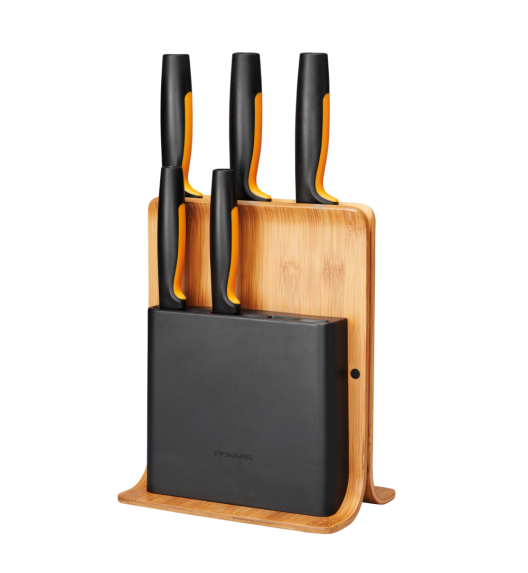 FISKARS FUNCTIONAL FORM 1057552 Komplet 5 noży w bloku bambusowym + ostrzałka Fiskars Essential