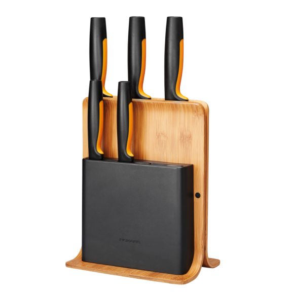 FISKARS FUNCTIONAL FORM 1057552 Komplet 5 noży w bloku bambusowym + ostrzałka Fiskars Essential