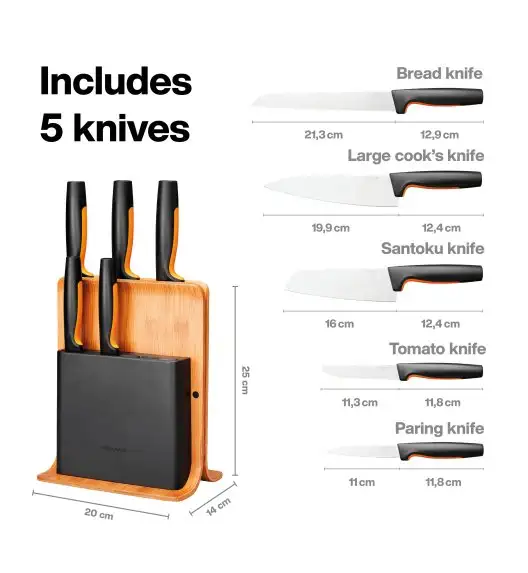 FISKARS FUNCTIONAL FORM 1057552 Komplet 5 noży w bloku bambusowym + ostrzałka Fiskars Essential