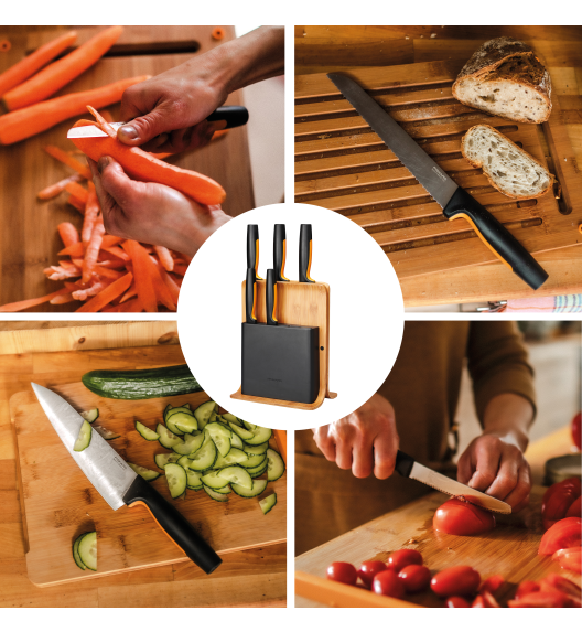 FISKARS FUNCTIONAL FORM 1057552 Komplet 5 noży w bloku bambusowym + ostrzałka Fiskars Essential