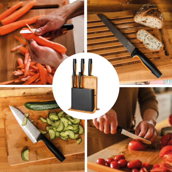 FISKARS FUNCTIONAL FORM 1057552 Komplet 5 noży w bloku bambusowym + ostrzałka Fiskars Essential