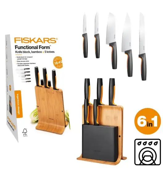 FISKARS FUNCTIONAL FORM 1057552 Komplet 5 noży w bloku bambusowym + ostrzałka Fiskars Essential