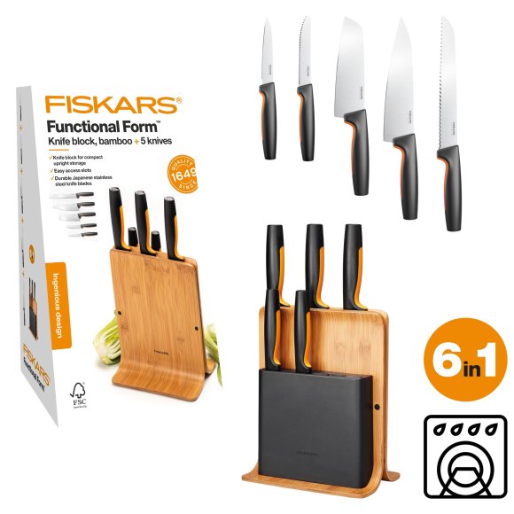 FISKARS FUNCTIONAL FORM 1057552 Komplet 5 noży w bloku bambusowym + ostrzałka Fiskars Essential