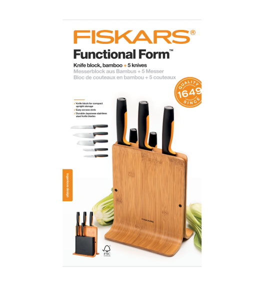 FISKARS FUNCTIONAL FORM 1057552 Komplet 5 noży w bloku bambusowym + ostrzałka Fiskars Essential