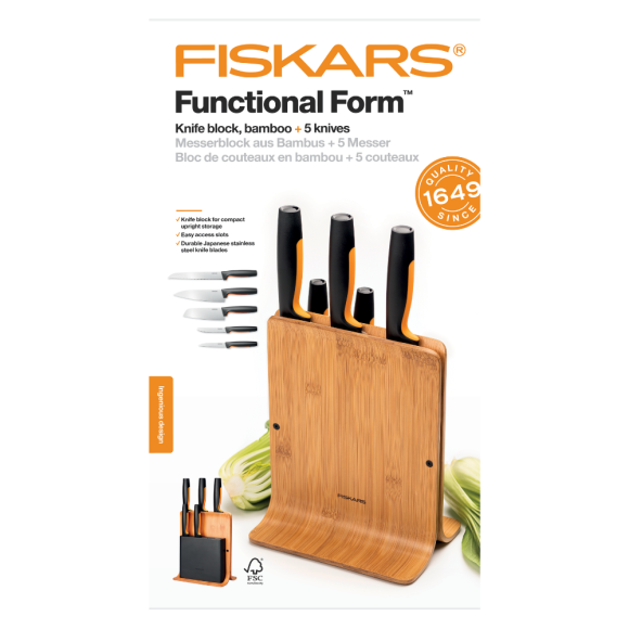 FISKARS FUNCTIONAL FORM 1057552 Komplet 5 noży w bloku bambusowym + ostrzałka Fiskars Essential