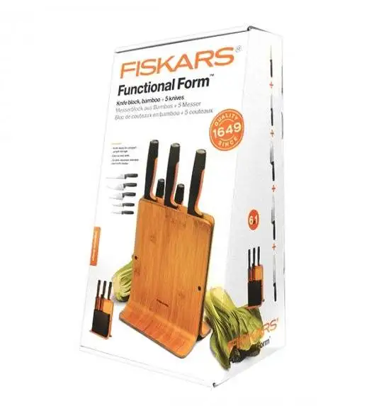 FISKARS FUNCTIONAL FORM 1057552 Komplet 5 noży w bloku bambusowym + ostrzałka Fiskars Essential