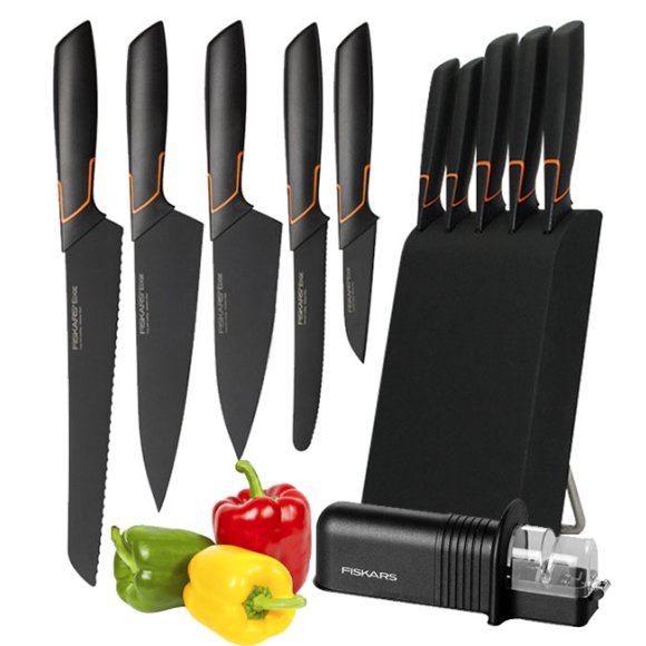 FISKARS EDGE 1003099 Zestaw 5 noży kuchennych w bloku czarnym / stal 420J2 / czarne ostrza + OSTRZAŁKA Essential