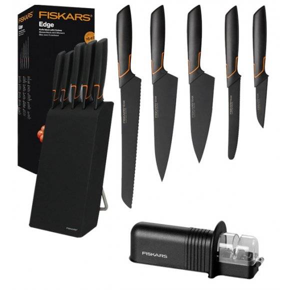 FISKARS EDGE 1003099 Zestaw 5 noży kuchennych w bloku czarnym / stal 420J2 / czarne ostrza + OSTRZAŁKA Essential