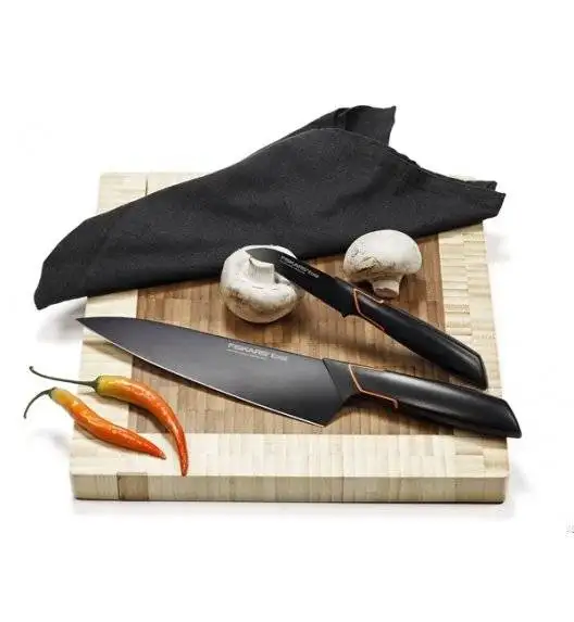 FISKARS EDGE 1003099 Zestaw 5 noży kuchennych w bloku czarnym / stal 420J2 / czarne ostrza + OSTRZAŁKA Essential