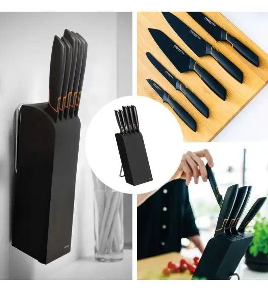 FISKARS EDGE 1003099 Zestaw 5 noży kuchennych w bloku czarnym / stal 420J2 / czarne ostrza + OSTRZAŁKA Essential