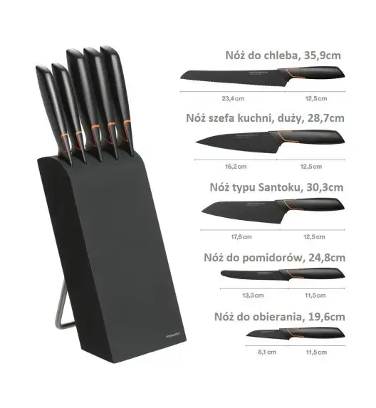 FISKARS EDGE 1003099 Zestaw 5 noży kuchennych w bloku czarnym / stal 420J2 / czarne ostrza + OSTRZAŁKA Essential