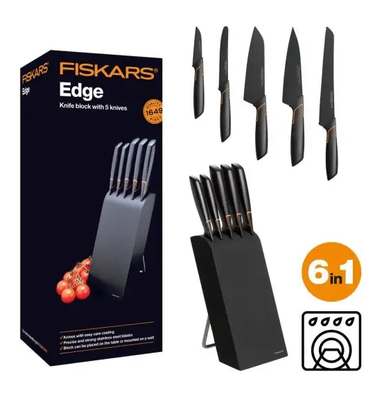 FISKARS EDGE 1003099 Zestaw 5 noży kuchennych w bloku czarnym / stal 420J2 / czarne ostrza + OSTRZAŁKA Essential