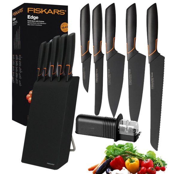 FISKARS EDGE 1003099 Zestaw 5 noży kuchennych w bloku czarnym / stal 420J2 / czarne ostrza + OSTRZAŁKA uniwersalna