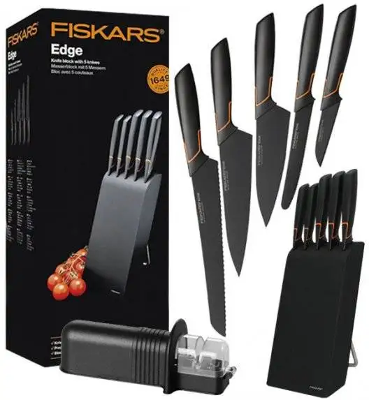 FISKARS EDGE 1003099 Zestaw 5 noży kuchennych w bloku czarnym / stal 420J2 / czarne ostrza + OSTRZAŁKA uniwersalna