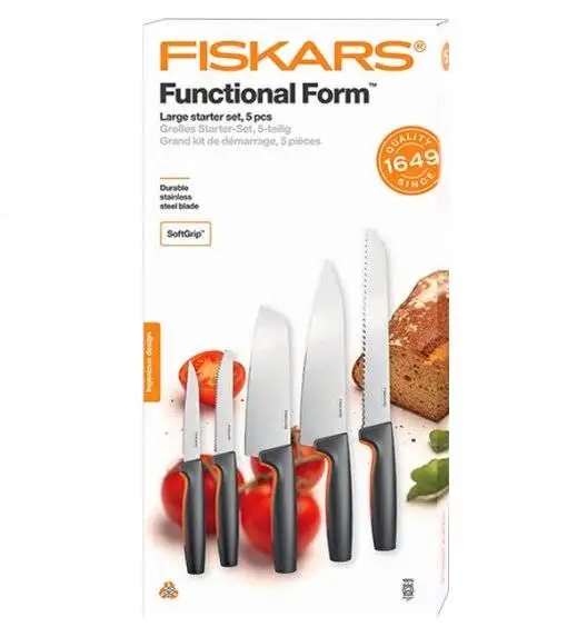 FISKARS FUNCTIONAL FORM 1057558 Komplet 5 noży kuchennych STARTER SET w pudełku + ostrzałka Fiskars Essential