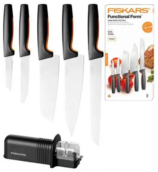 FISKARS FUNCTIONAL FORM 1057558 Komplet 5 noży kuchennych STARTER SET w pudełku + ostrzałka Fiskars Essential
