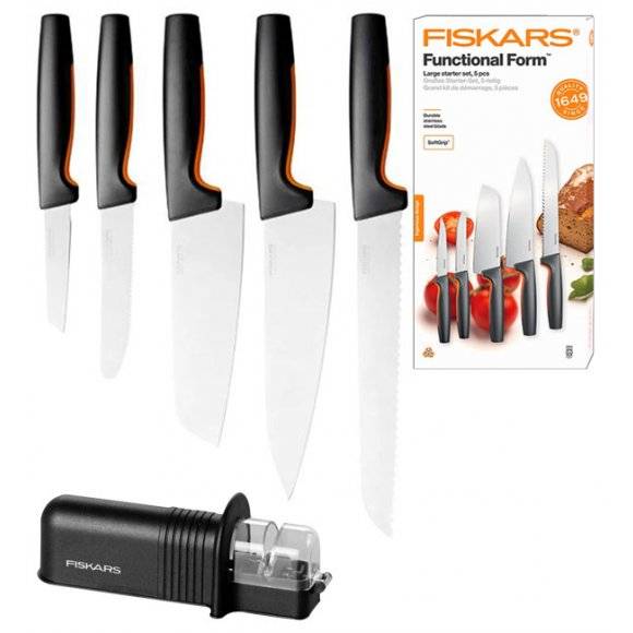 FISKARS FUNCTIONAL FORM 1057558 Komplet 5 noży kuchennych STARTER SET w pudełku + ostrzałka Fiskars Essential