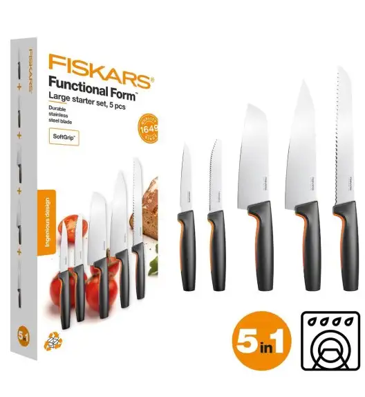 FISKARS FUNCTIONAL FORM 1057558 Komplet 5 noży kuchennych STARTER SET w pudełku + ostrzałka Fiskars Essential