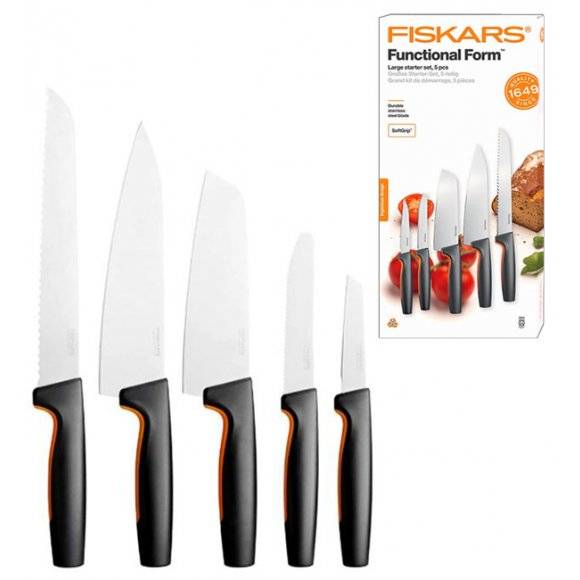 FISKARS FUNCTIONAL FORM 1057558 Komplet 5 noży kuchennych STARTER SET w pudełku + ostrzałka uniwersalna