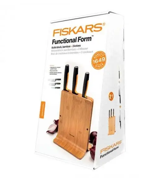 FISKARS FUNCTIONAL FORM 1057553 Komplet 3 noży w bloku bambusowym + ostrzałka Fiskars Essential