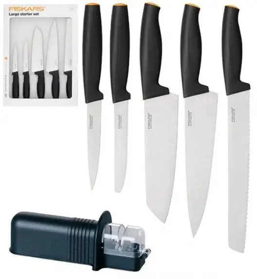 FISKARS FUNCTIONAL FORM 1014201 Komplet 5 noży kuchennych LARGE STARTER SET w pudełku / stal nierdzewna + ostrzałka uniwersalna NN