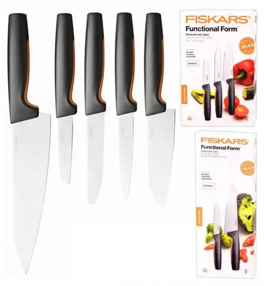 FISKARS FUNCTIONAL FORM 1057556 1057557 Komplet 5 noży kuchennych (3+2) FAVOURITE SET w pudełku + ostrzałka Fiskars Essential + GRATIS! Obierak do warzyw