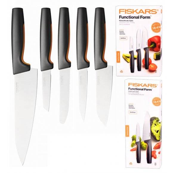 FISKARS FUNCTIONAL FORM 1057556 1057557 Komplet 5 noży kuchennych (3+2) FAVOURITE SET w pudełku + ostrzałka NN uniwersalna + GRATIS! Obierak do warzyw
