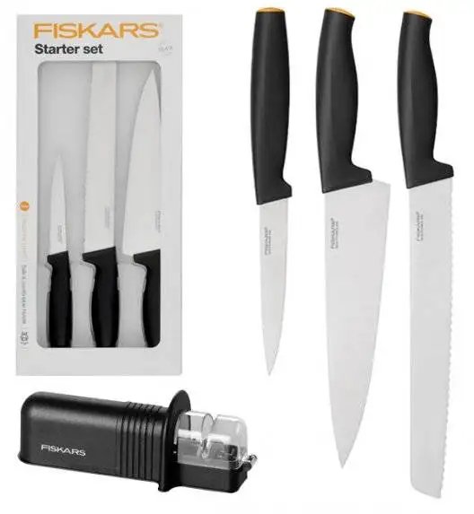 FISKARS FUNCTIONAL FORM 1014207 Komplet 3 noży kuchennych STARTER SET w pudełku +ostrzałka Fiskars Essential