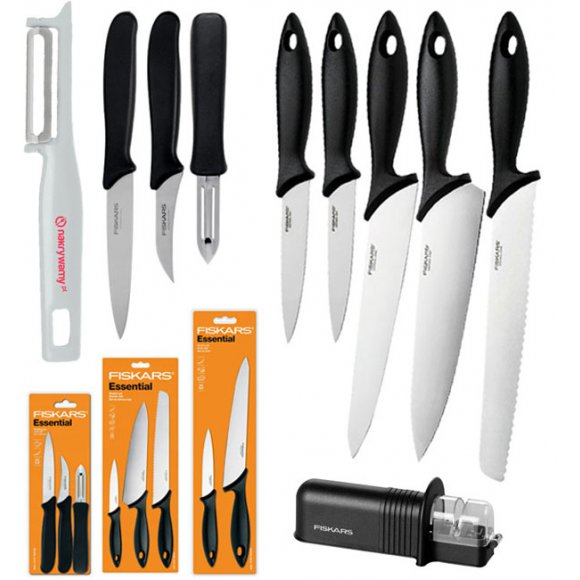 FISKARS ESSENTIAL Komplet 8 noży (kuchenne +Szefa+do obierania) + ostrzałka Fiskars Essential+ GRATIS! OBIERAK DO WARZYW