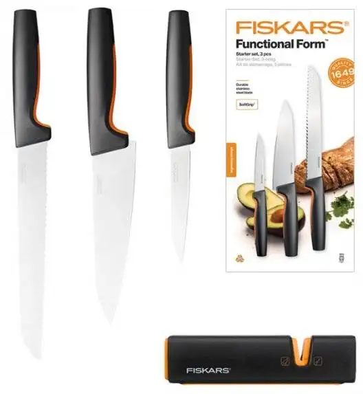 FISKARS FUNCTIONAL FORM 1057559 Komplet 3 noży kuchennych STARTER SET w pudełku+ ostrzałka Fiskars Edge