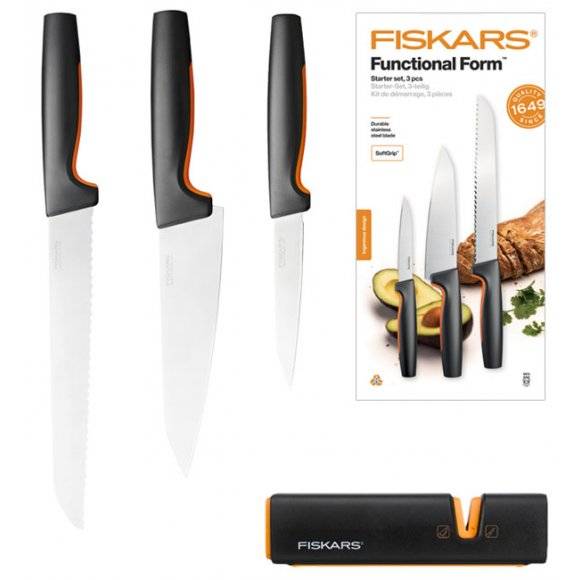 FISKARS FUNCTIONAL FORM 1057559 Komplet 3 noży kuchennych STARTER SET w pudełku+ ostrzałka Fiskars Edge