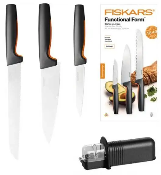 FISKARS FUNCTIONAL FORM 1057559 Komplet 3 noży kuchennych STARTER SET w pudełku+ ostrzałka NN