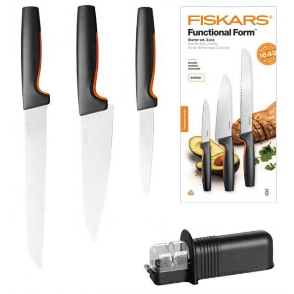 FISKARS FUNCTIONAL FORM 1057559 Komplet 3 noży kuchennych STARTER SET w pudełku+ ostrzałka NN