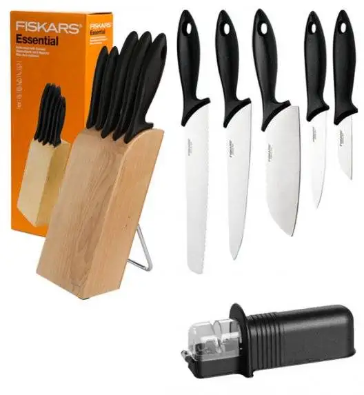 FISKARS ESSENTIAL Noże kuchenne 5 noży w bloku drewnianym / 1023782 + ostrzałka NN