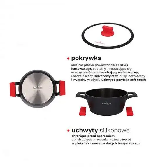 ZWIEGER OBSIDIAN Komplet Garnki 6 el z pokrywkami 5,5l/ 3,5l/ 2l +garnki luz +patelnia 20, 24, 28 cm / GREBLON