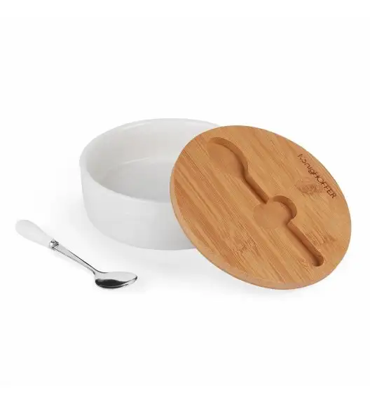 KONIGHOFFER Porcelanowa cukiernica z bambusową pokrywą + łyżeczka / biała / 350 ml