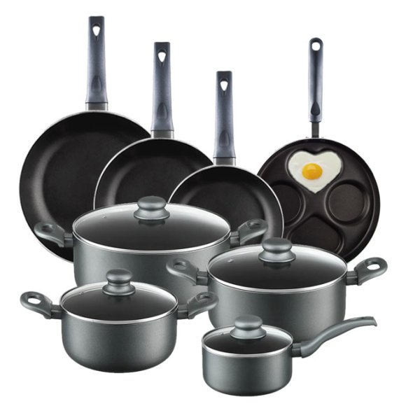 AMBITION GRAPHITE Komplet garnków z pokrywkami 20, 24, 28 cm + Rondel 16 cm + Zestaw Patelni 20, 24, 28 cm + do jajek 26 cm / Powłoka ILAG BASIC