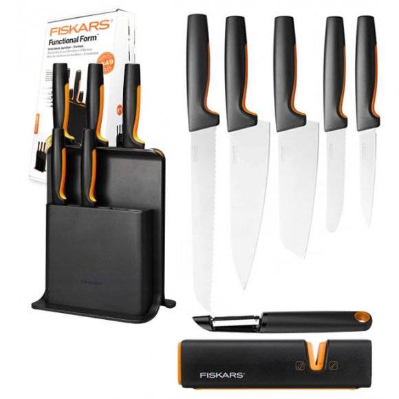 FISKARS FUNCTIONAL FORM 1057554 Komplet 5 noży w bloku czarnym + Obierak FF + Ostrzałka Edge