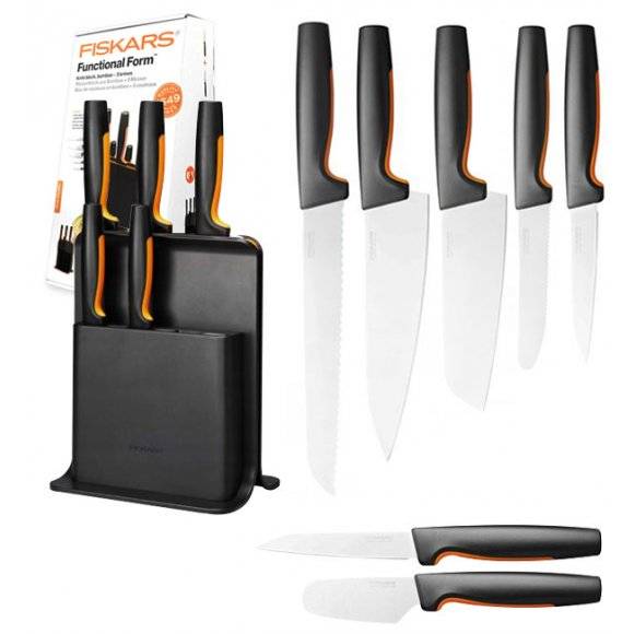 FISKARS FUNCTIONAL FORM 1057554 Komplet 5 noży w bloku czarnym + Nóż do smarowania + nóż do skrobania