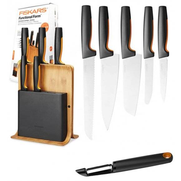 FISKARS FUNCTIONAL FORM 1057552 Komplet 5 noży w bloku bambusowym + Obierak FF